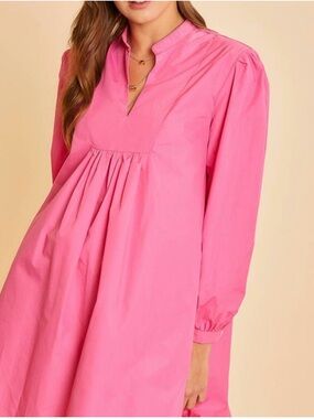 Anniewear Pink Long-Sleeve Babydoll Dress with Split Neckline